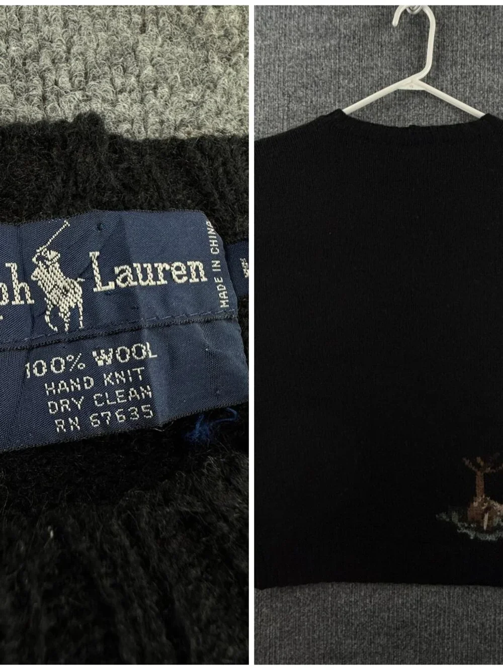 VTG Ralph Lauren Equestrian Fox Hunt Large Sweater Graphic Black Wool Hand Knit